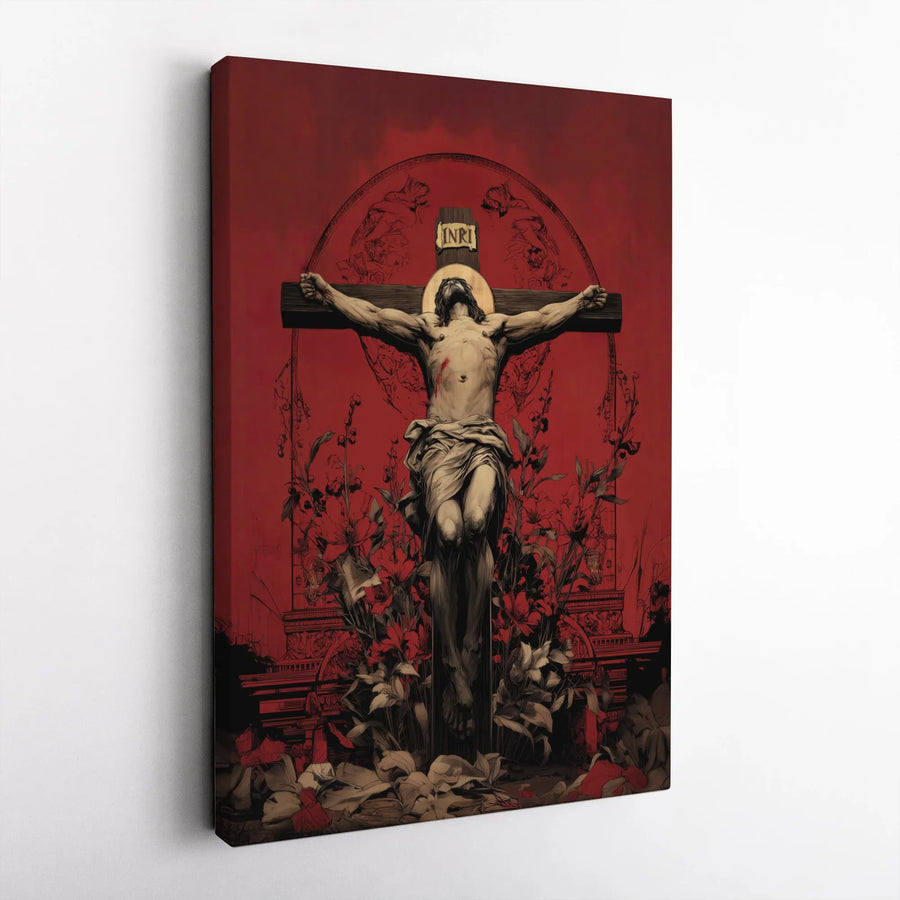 Crucifixion of Christ Canvas Wall Art | Dramatic Red Christian Illustration | Premium Thick Gallery Canvas | Religious Home Decor Gift