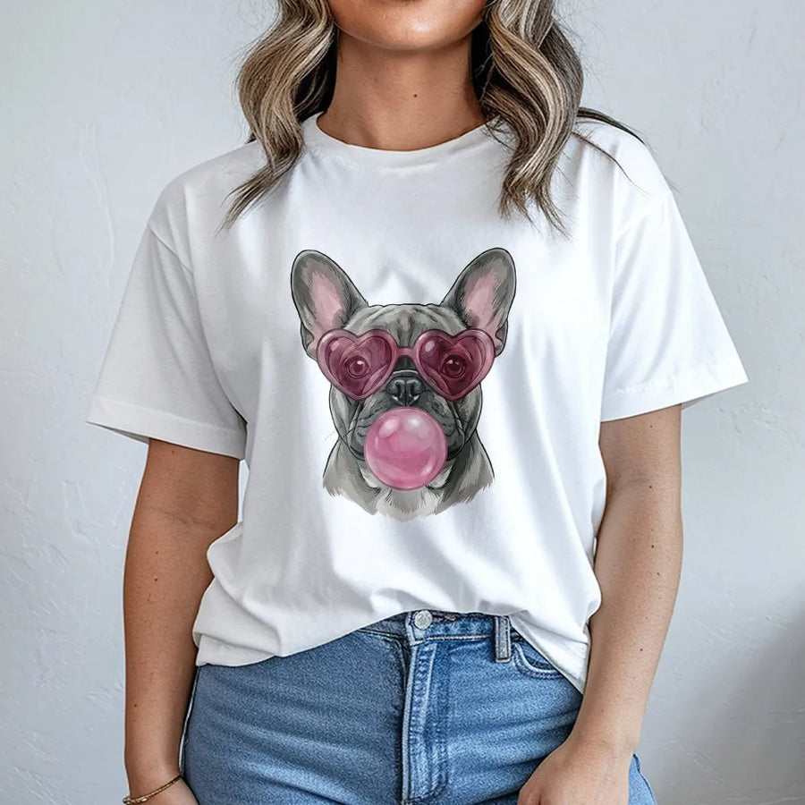 French Bulldog T-Shirt | Heart Glasses & Bubble Gum Graphic | 100% Cotton Premium Tee | Cute Frenchie Dog Lover Gift for Her