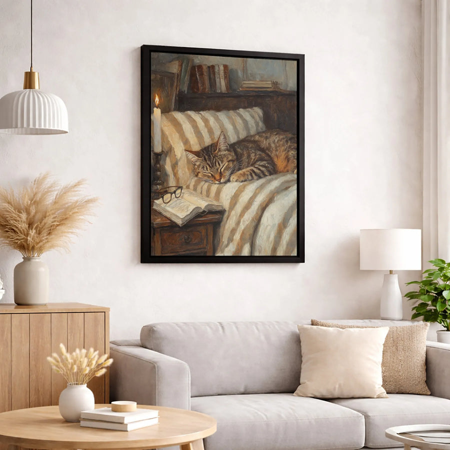 Sleeping Tabby Cat Canvas Print | Cozy Library Reading Nook Art | Gallery-Quality Fade-Resistant Wall Decor | Perfect Gift For Bookworms & Cat Lovers