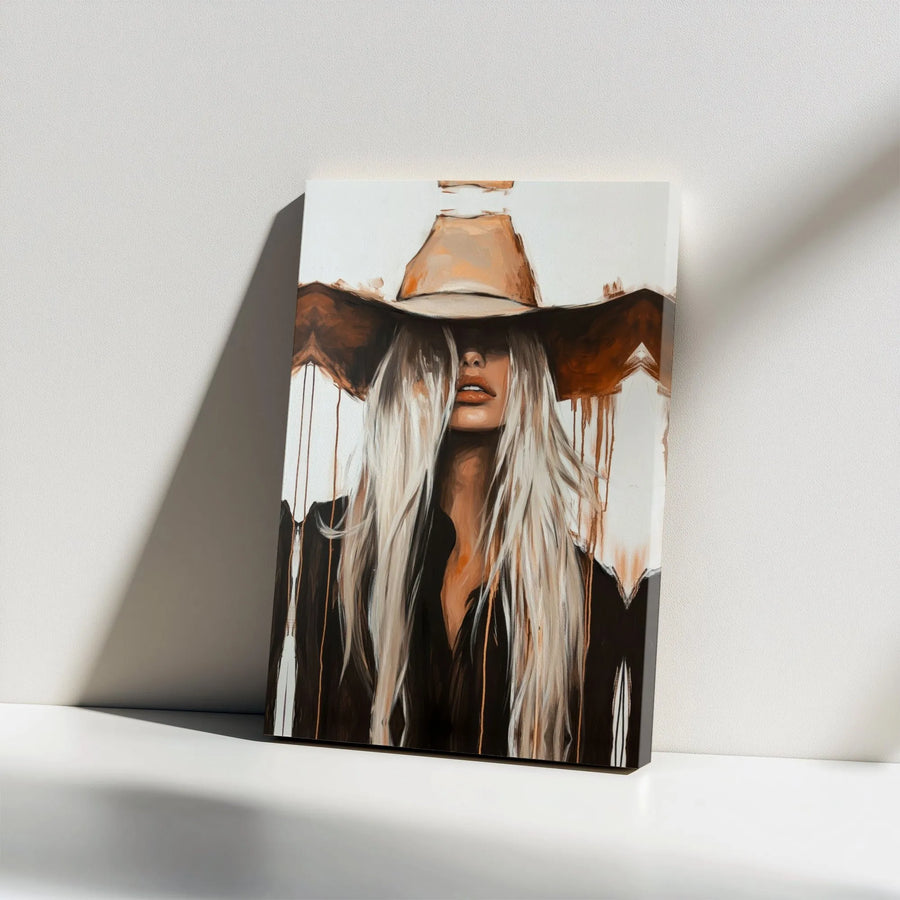 Western Cowgirl Canvas Wall Art | Abstract Blonde Woman In Cowboy Hat | Premium Gallery Wrap Print | Modern Boho Home Decor Gift