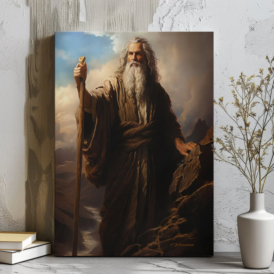 Moses Wall Art Canvas | Biblical Prophet on Mountaintop Religious Painting | Premium Gallery Wrap Decor | Inspirational Gift for Home or Office