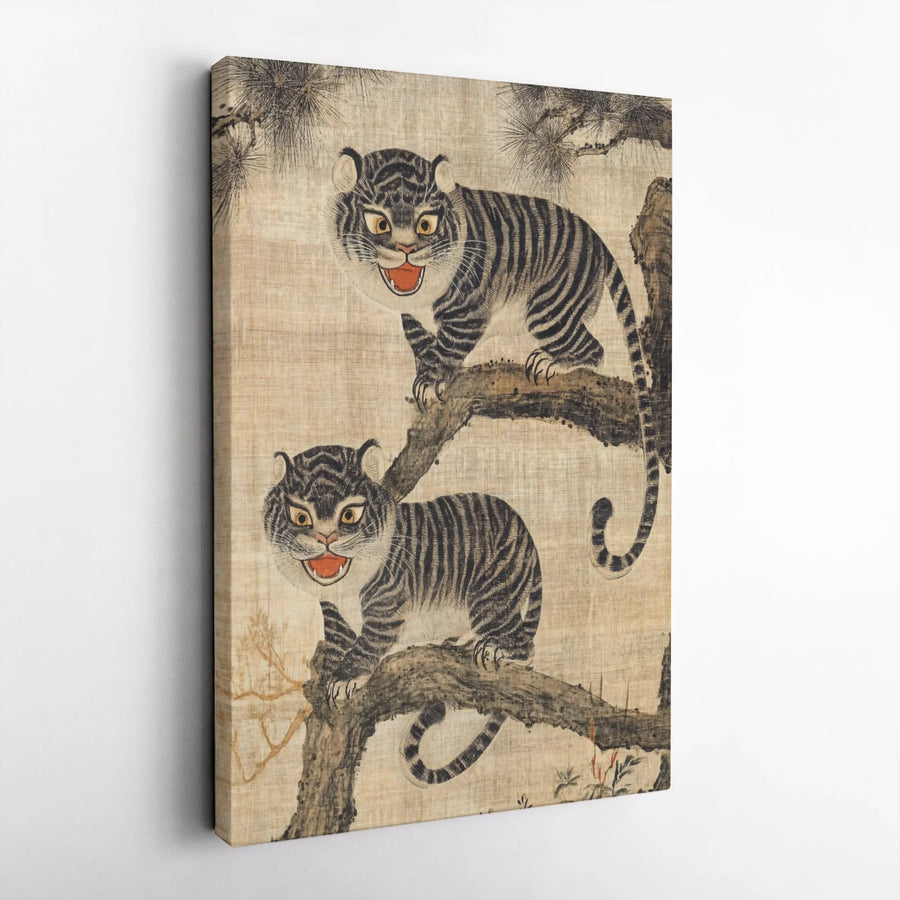 Vintage Korean Tiger Canvas Wall Art | Traditional Minhwa Folk Painting Print | Premium Gallery Canvas | Eclectic Home Decor Collector's Gift
