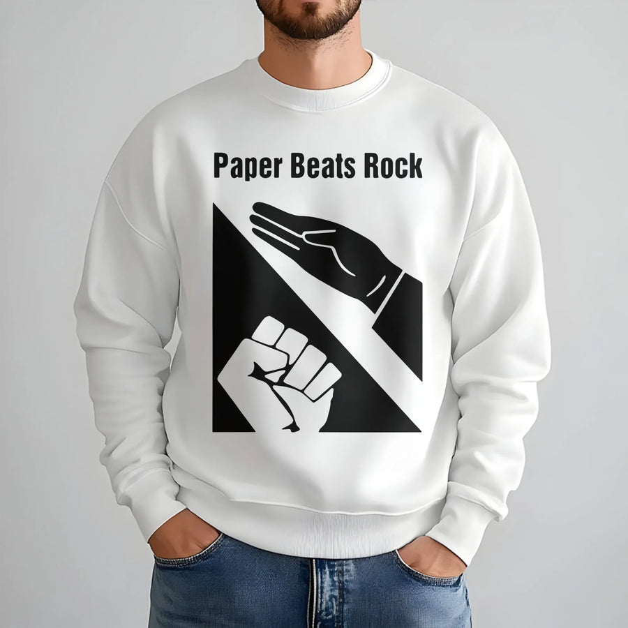 Paper Beats Rock Sweatshirt | Funny Hand Gesture Graphic Tee | Premium Cotton Blend Crewneck | Humorous Gift for Gamer or Game Night Fan