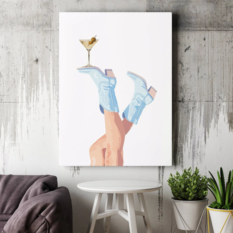 Blue Cowboy Boots Martini Canvas Print | Whimsical Western Bar Decor | Premium Fade-Resistant Wall Art | Chic Country Chic Gift for Her