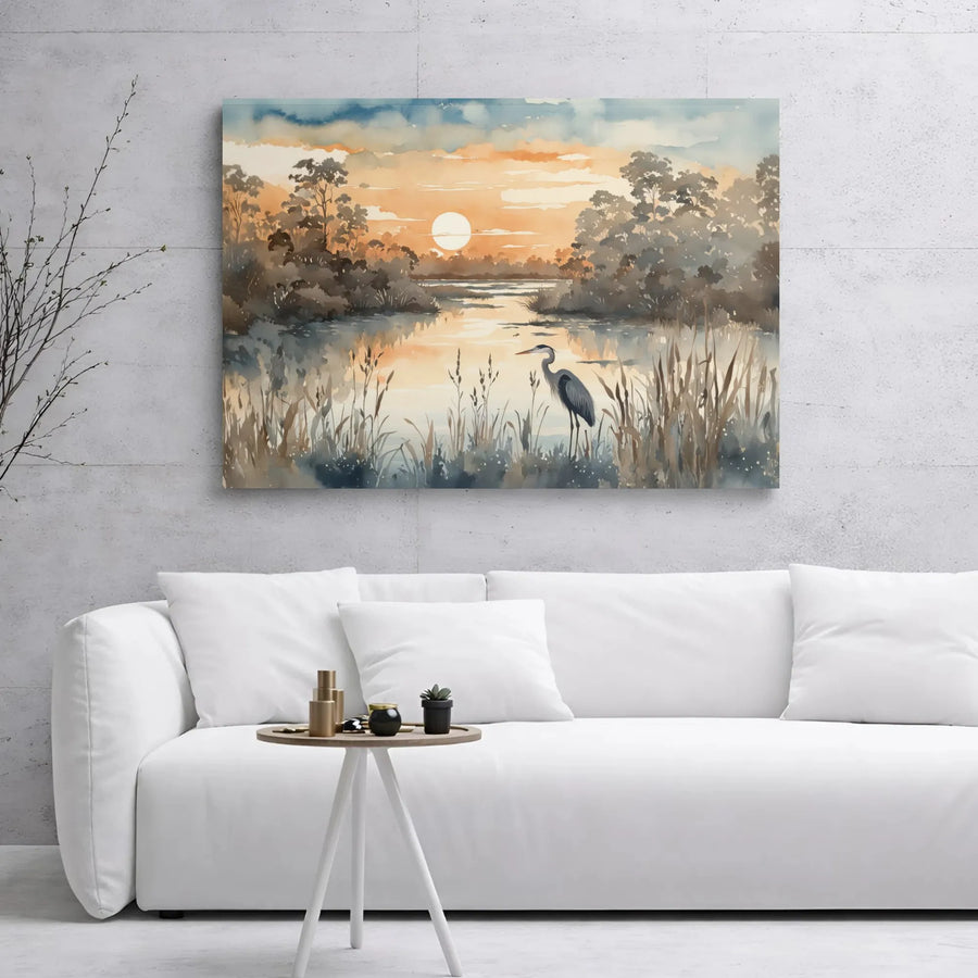Great Blue Heron Canvas Wall Art | Watercolor Marsh Sunset Print | 1.25 Inch Gallery Wrap | Premium Nature Decor for Home Office