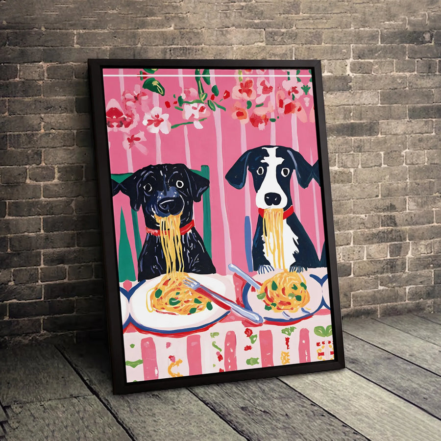 Dogs Eating Spaghetti Canvas Art | Whimsical Pet Portrait Wall Decor | Premium Gallery Wrap Print | Funny Dog Lover Kitchen Gift Idea