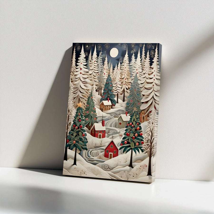 Christmas Village Canvas Print | Snowy Forest Winter Landscape Wall Art | Gallery Wrapped Premium Decor | Cozy Holiday Home Gift