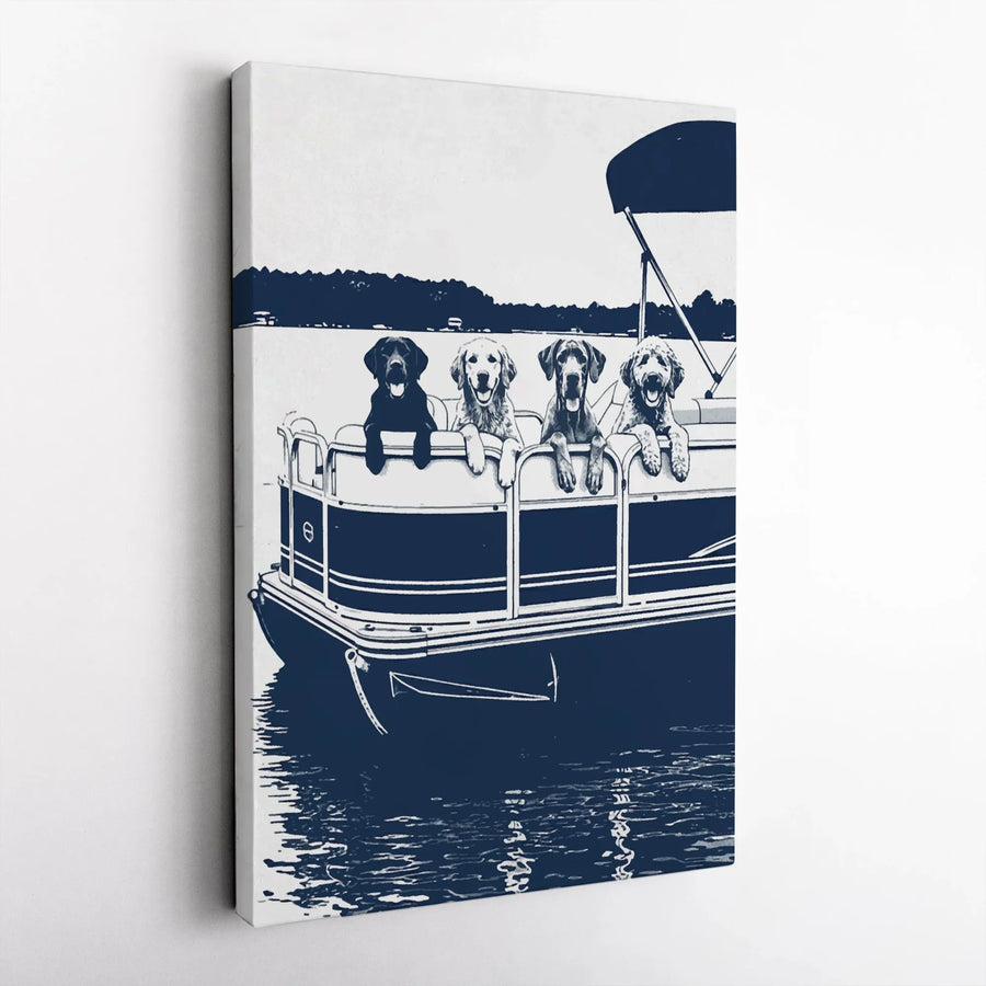 Dogs on Pontoon Boat Canvas Art | Minimalist Two-Tone Pet Illustration | Premium Gallery Wrapped Canvas | Gift for Dog Dad & Lake House Decor