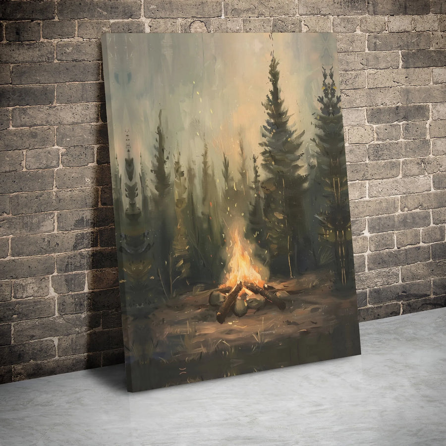 Campfire Pine Forest Canvas Wall Art | Moody Wilderness Landscape Print | Premium Gallery Wrap Decor | Nature Lover Cabin Gift