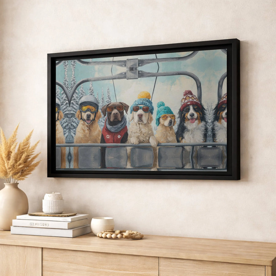 Skiing Dogs Canvas Wall Art | Funny Winter Pets in Goggles and Hats | Gallery Quality 1.25" Profile | Whimsical Mountain Home Decor