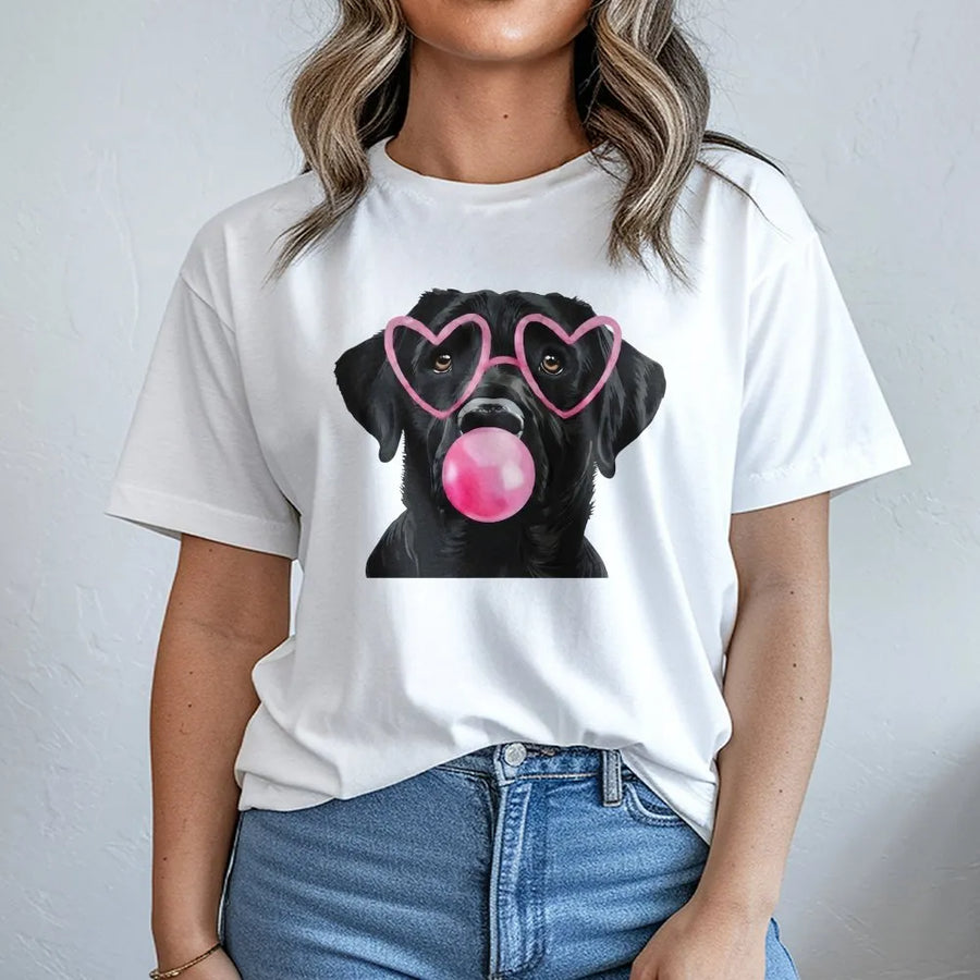 Black Labrador T-Shirt | Heart Glasses Bubblegum Dog Print | Premium Soft Cotton Tee | Funny Dog Mom Gift for Animal Lovers