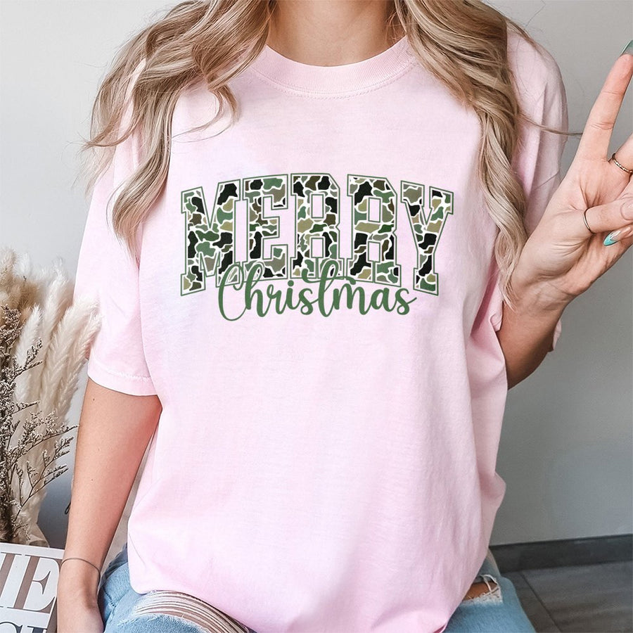 Merry Christmas Camo T-Shirt | Woodland Military Pattern Lettering | Soft 100% Cotton Premium Tee | Unique Holiday Gift for Hunting Mom or Wife