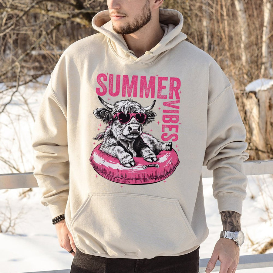 Summer Vibes Highland Cow Hoodie | Cute Pool Float Design | Premium Cotton-Poly Blend | Fun Aesthetic Gift for Animal Lovers