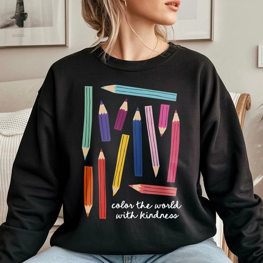 Color The World With Kindness Sweatshirt | Cute Pencil Art Graphic | Premium Cotton Blend Crewneck | Teacher Appreciation Gift For Kindergarten Art Teachers