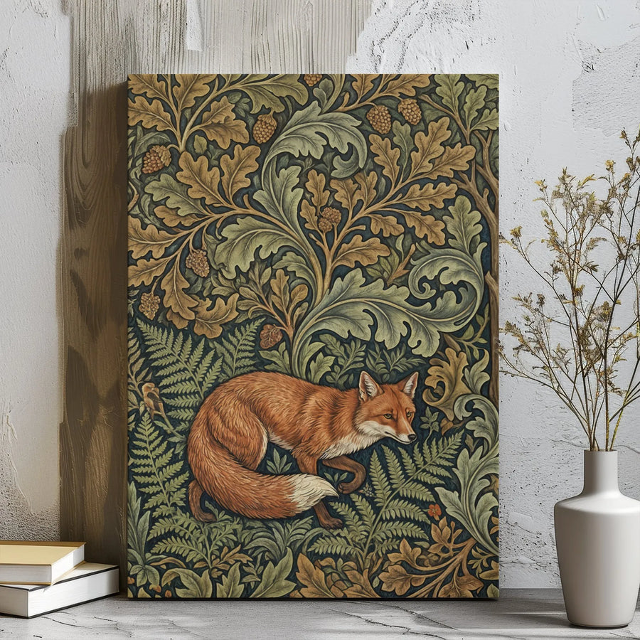 Fox Canvas Wall Art | William Morris Style Botanical Print | Premium Gallery Wrapped Decor | Nature Lover Gift for Living Room