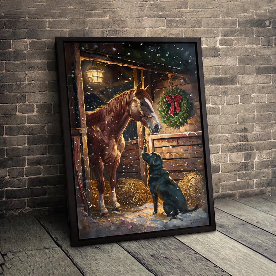 Horse and Black Labrador Christmas Canvas | Snowy Barn Winter Scene Wall Art | Premium Fade-Resistant Gallery Print | Holiday Home Decor Gift