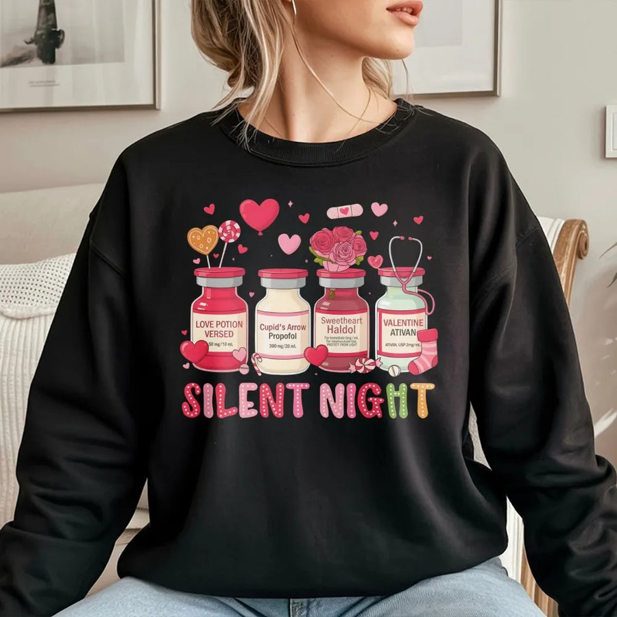 Silent Night Nurse Sweatshirt | Funny Valentine Medical Heart Vials Graphic | Premium Cotton Blend | Gift for RN LPN CNA Student