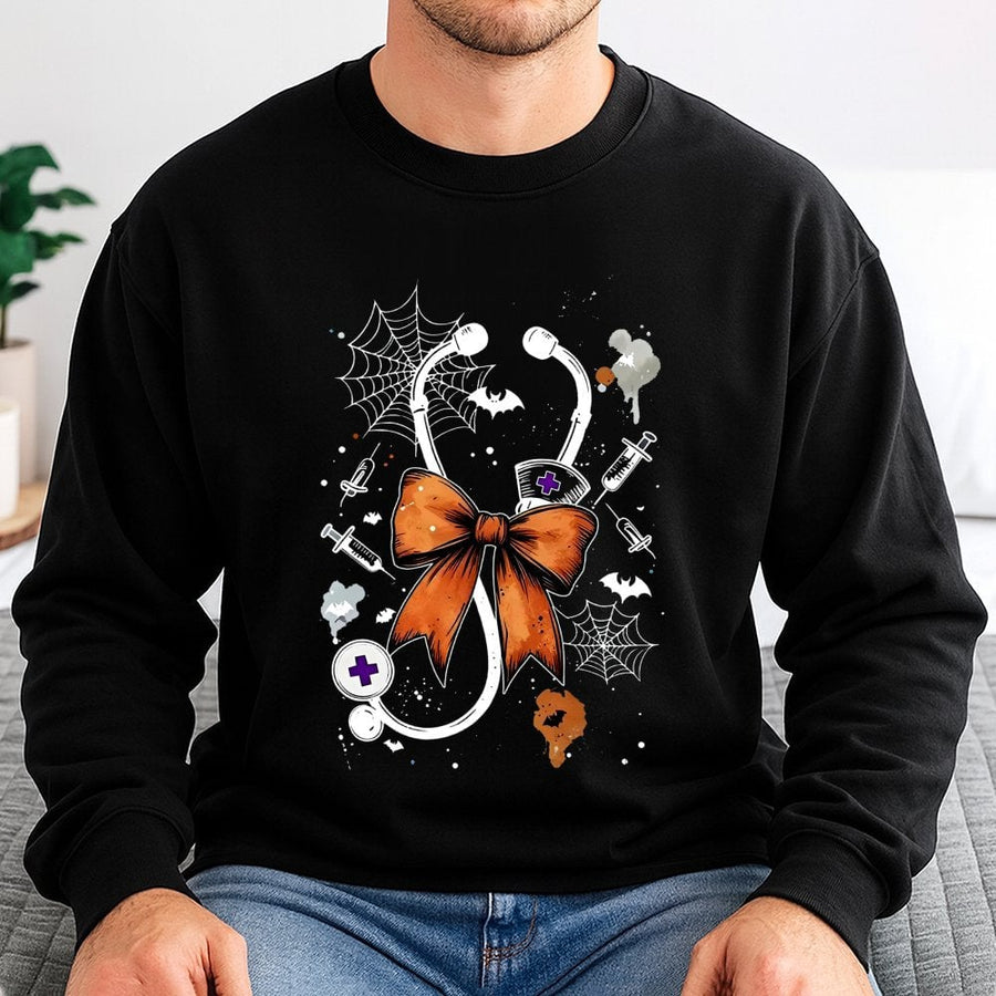 Halloween Nurse Sweatshirt | Spooky Stethoscope Bow Design | Cotton-Poly Blend Premium Crewneck | Gift for Nurses & Nursing Students