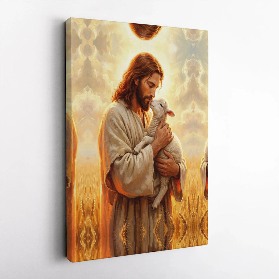 Jesus and Lamb Canvas Wall Art | Good Shepherd Christian Painting | Premium Frameless Print | Spiritual Home Decor Gift