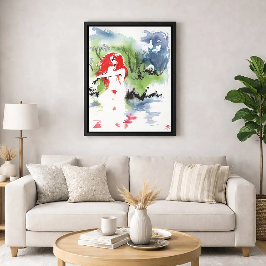 Gothic Horror Wall Art | Watercolor Red-Haired Woman & Forest Monster Print | 1.25-Inch Premium Canvas | Dark Fantasy Decor Gift