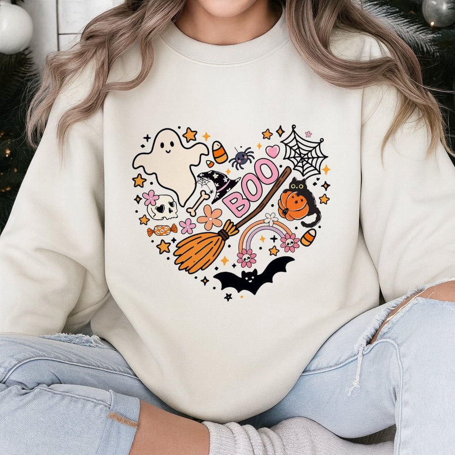 Halloween Heart Sweatshirt | Cute Ghost Pumpkin Witch Graphic | Soft Cotton Blend Crewneck | Spooky Season Gift For Women And Teens