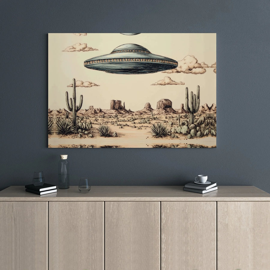 UFO Canvas Wall Art | Vintage Desert Landscape Sketch | 1.25 Inch Gallery Wrap | Sci-Fi Home Decor Gift for Space Enthusiasts
