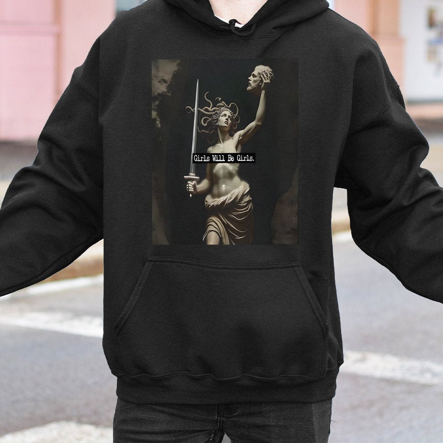 Medusa Graphic Hoodie | Girls Will Be Girls Feminist Art | Soft Cotton Blend Sweatshirt | Dark Academia Gift for Women