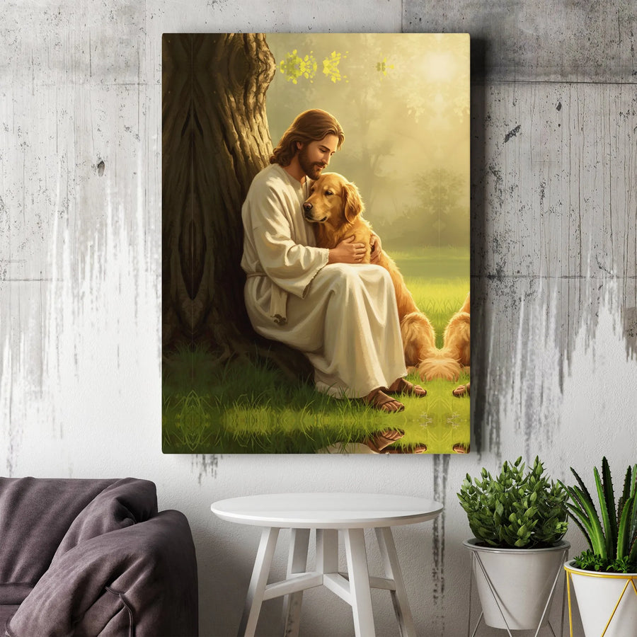 Jesus With Golden Retriever Canvas | Religious Pet Wall Art | Premium 1.25 Inch Gallery Wrap | Spiritual Home Decor Gift