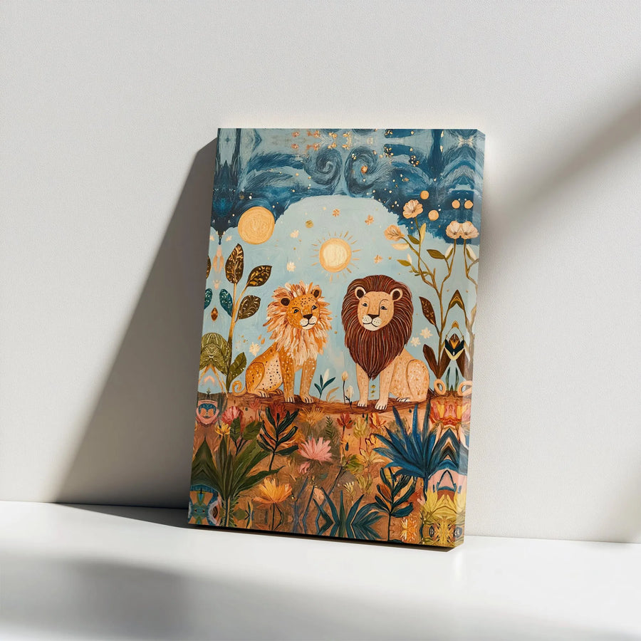 Whimsical Lion Couple Canvas Art | Celestial Jungle Folk Art Print | Premium Gallery Wrapped Canvas | Boho Nursery Decor Gift for Animal Lovers