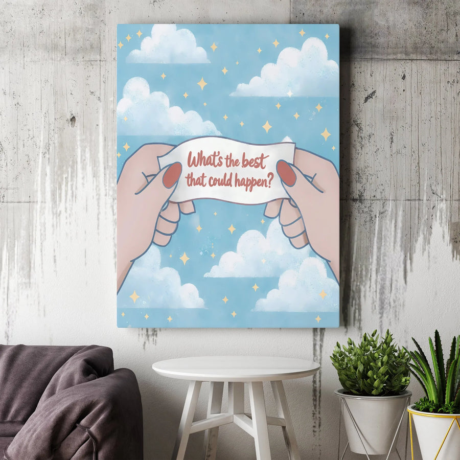 Motivational Quote Vertical Canvas | "What's The Best That Could Happen" Whimsical Clouds Art | Premium 1.25" Gallery Wrap | Inspirational Home & Office Wall Decor Gift