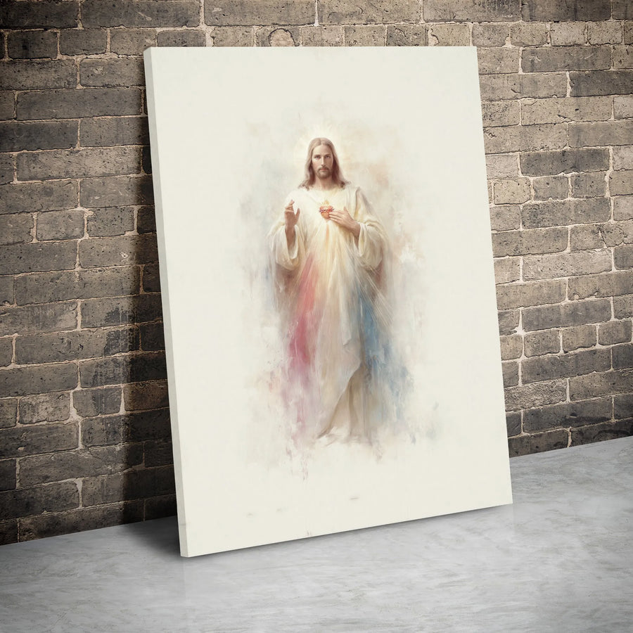 Divine Mercy Jesus Canvas Wall Art | Sacred Heart Watercolor Print | Premium Gallery Wrap Religious Decor | Spiritual Home Gift for Catholics