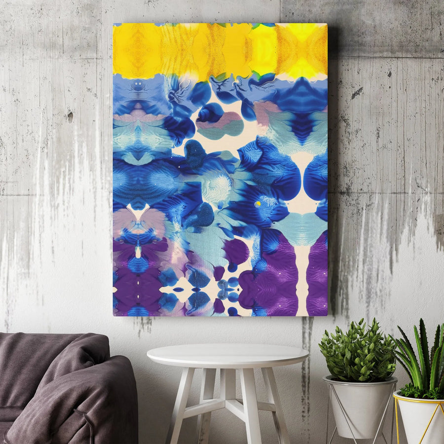 Abstract Canvas Wall Art | Symmetrical Blue Yellow Purple Fluid Painting | Premium Gallery Wrapped Decor | Modern Home Office Gift