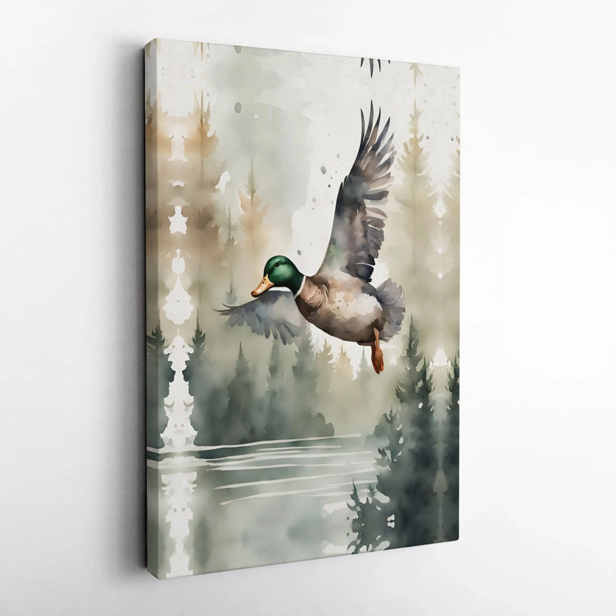 Mallard Duck Canvas Wall Art | Watercolor Flying Duck Print | Premium Gallery Wrapped Canvas | Rustic Cabin Decor Gift for Hunter