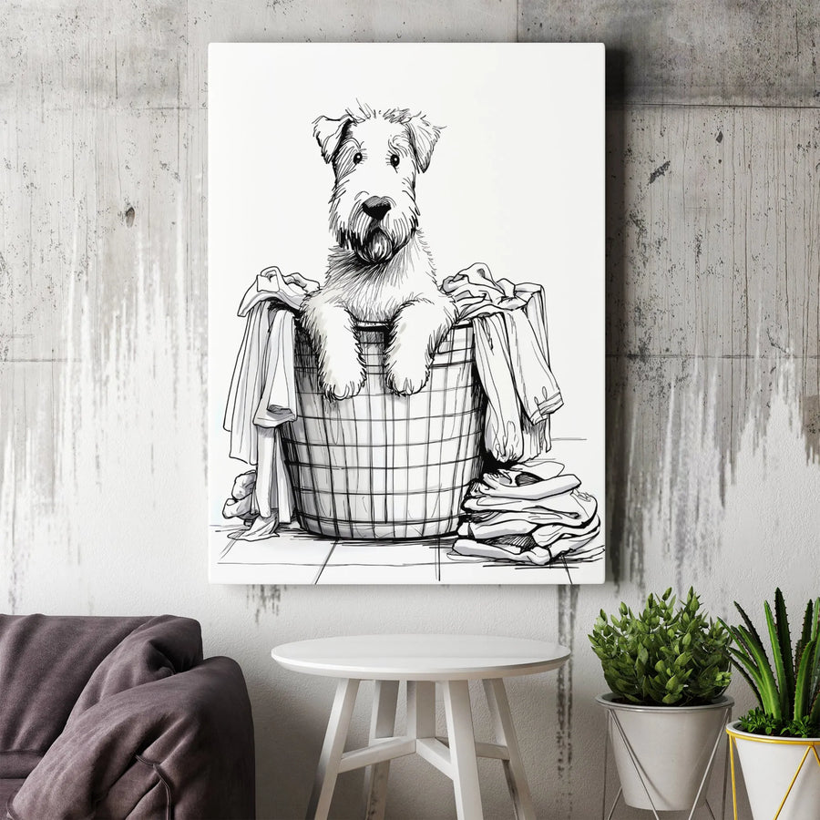 Terrier Dog Wall Art | Hand-Drawn Sketch In Laundry Basket | 1.25" Premium Gallery Wrapped Canvas | Charming Animal Home Decor Gift