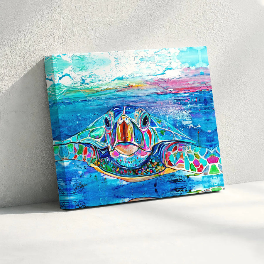 Sea Turtle Canvas Wall Art | Vibrant Watercolor Sea Turtle Print | Thick Gallery Wrap Canvas | Coastal Beach House Decor Gift