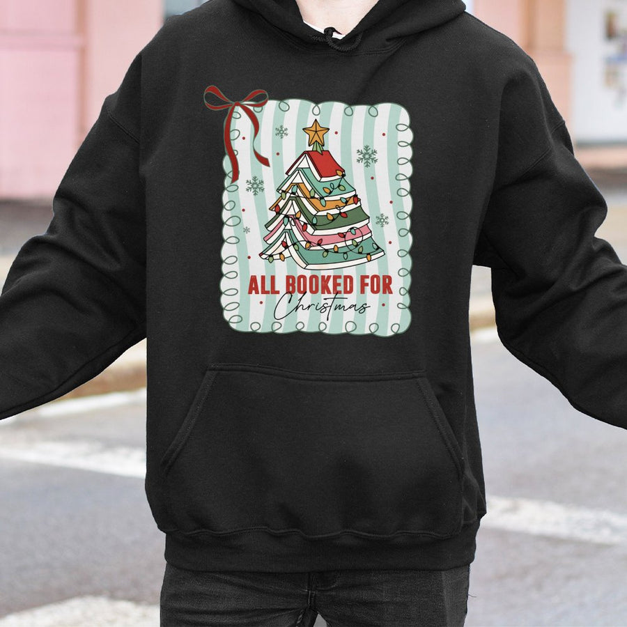 All Booked For Christmas Hoodie | Cute Book Stack Tree Graphic | Premium Cotton Blend | Gift For Readers & Librarians