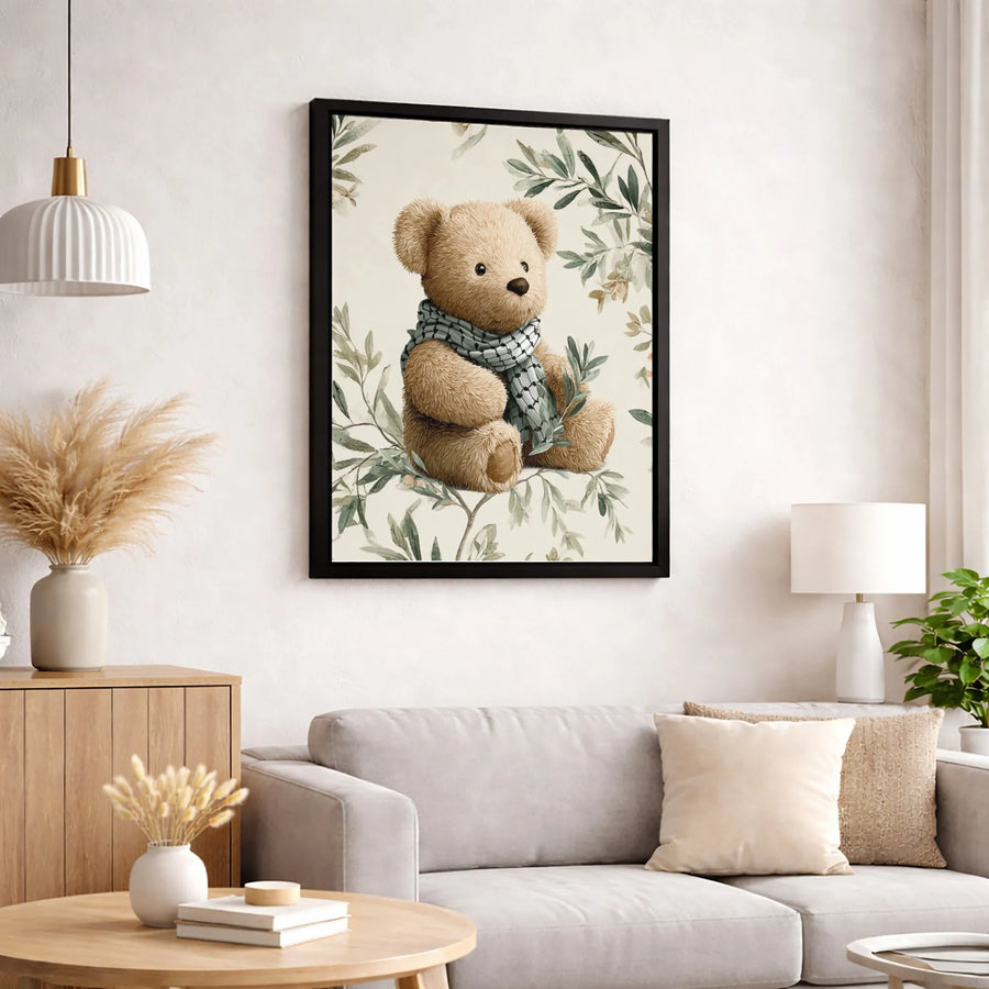 Watercolor Teddy Bear Canvas Print | Keffiyeh Scarf & Olive Branch Art | Premium Gallery Wrapped Decor | Nursery & Living Room Gift
