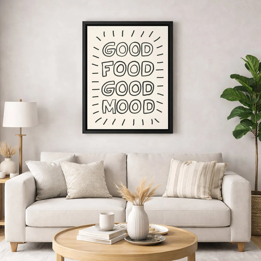 Good Food Good Mood Canvas Wall Art | Minimalist Typography Kitchen Decor | Premium Fade-Resistant Print | Framed or Unframed Quote Gift