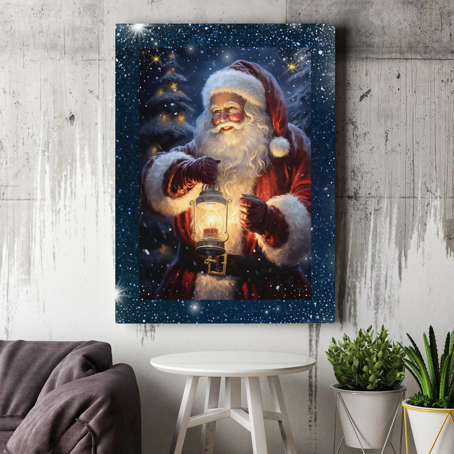 Christmas Santa Claus Canvas Art | Snowy Lantern Forest Scene | Premium Fade-Resistant Print | Festive Holiday Wall Decor Gift for Home