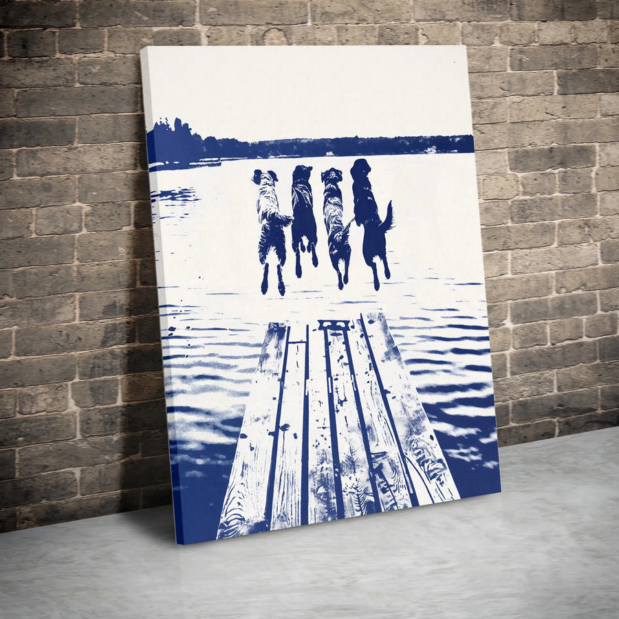 Dogs Jumping Off Dock Canvas Art | Blue White Lake Silhouette Design | 1.25-Inch Premium Gallery Wrap | Nature Lover Home Decor Gift