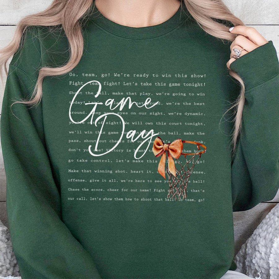Game Day Basketball Sweatshirt | Coquette Bow Aesthetic Hoop Print | Premium Cotton-Blend Crewneck | Trendy Sport Mom Gift for Basketball Fans