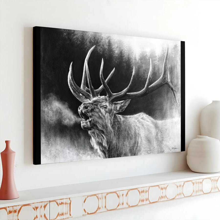 Bugling Bull Elk Canvas Wall Art | Charcoal Forest Wildlife Sketch | Premium 1.25-Inch Gallery Wrap | Rustic Mountain Cabin Decor Gift