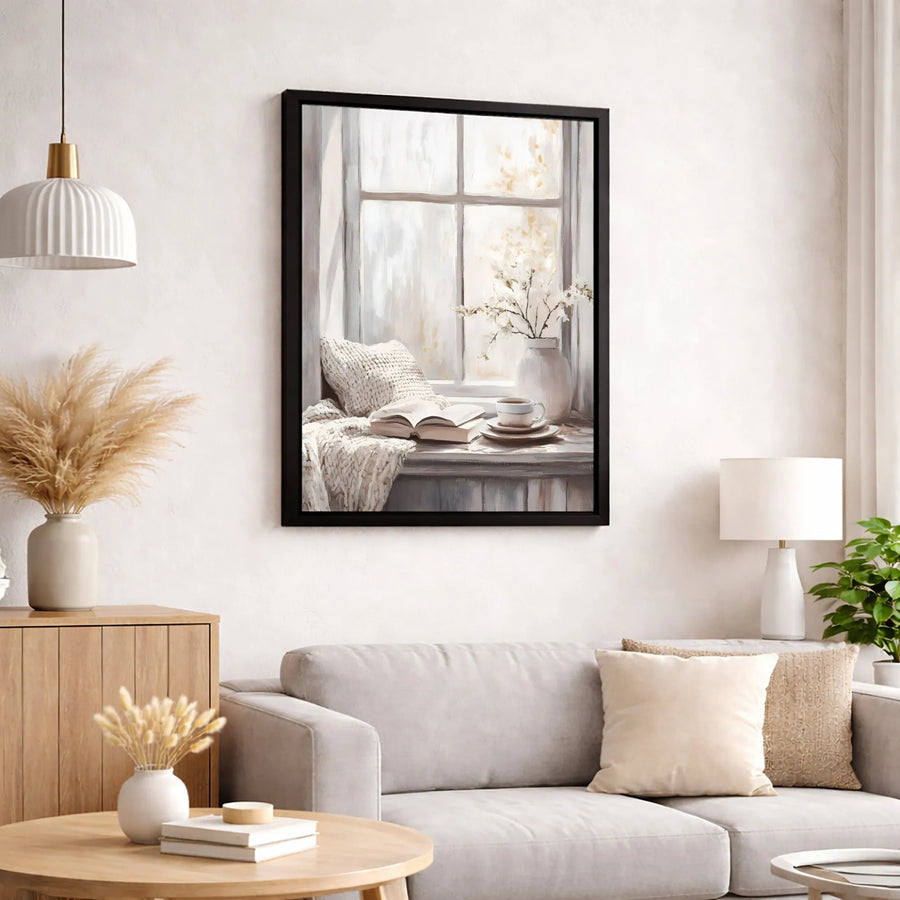 Cozy Window Nook Canvas Print | Book and Coffee Morning Aesthetic | Gallery-Quality 1.25-inch Profile | Peaceful Home Decor Gift