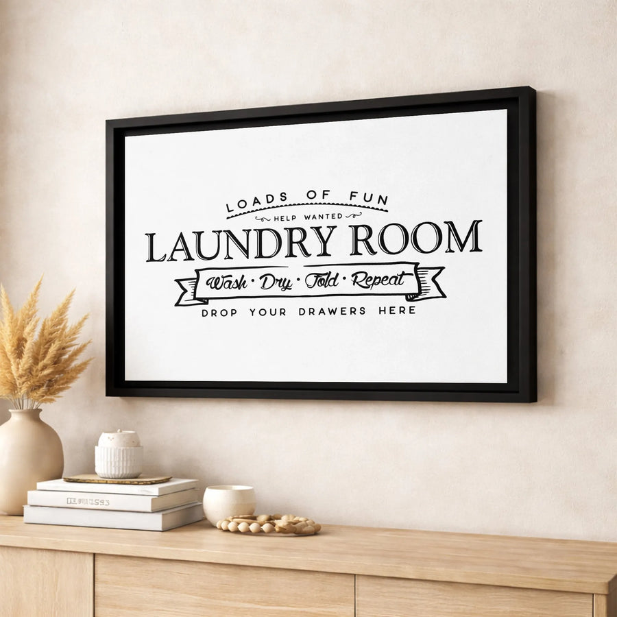 Laundry Room Wall Art | Wash Dry Fold Repeat Typography Sign | Premium Gallery Wrap Canvas | Humorous Home Decor Gift
