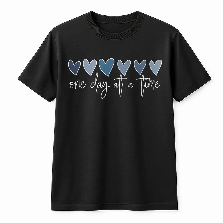 One Day At A Time T-Shirt | Aesthetic Blue Hearts Graphic Tee | Premium 100% Cotton | Mental Health Awareness Gift for Him or Her