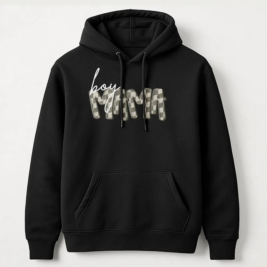 Boy Mama Hoodie | Retro Checkered Graphic Crewneck | Premium Cotton Blend | Mothers Day Gift for Mom of Boys