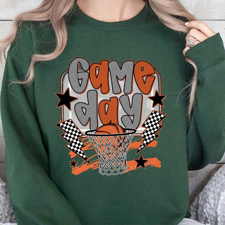 Game Day Basketball Sweatshirt | Checkered Sport Graphic Tee | Premium Cotton Blend Crewneck | Perfect Gift for Basketball Moms and Fans