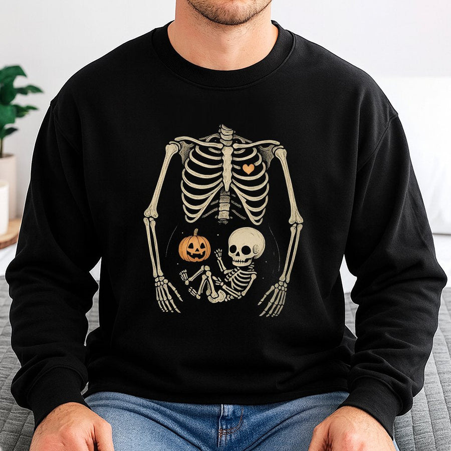 Skeleton Halloween Maternity Sweatshirt | Pumpkin Baby Bump Graphic | Cotton-Poly Blend | Spooky Pregnancy Announcement Gift for Expecting Mom