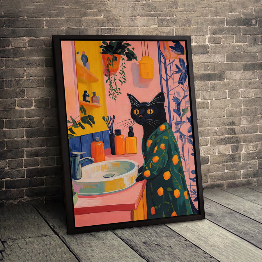 Black Cat Bathroom Wall Art | Quirky Orange Print Robe Illustration | Premium 1.25 Inch Gallery Canvas | Whimsical Home Decor Gift