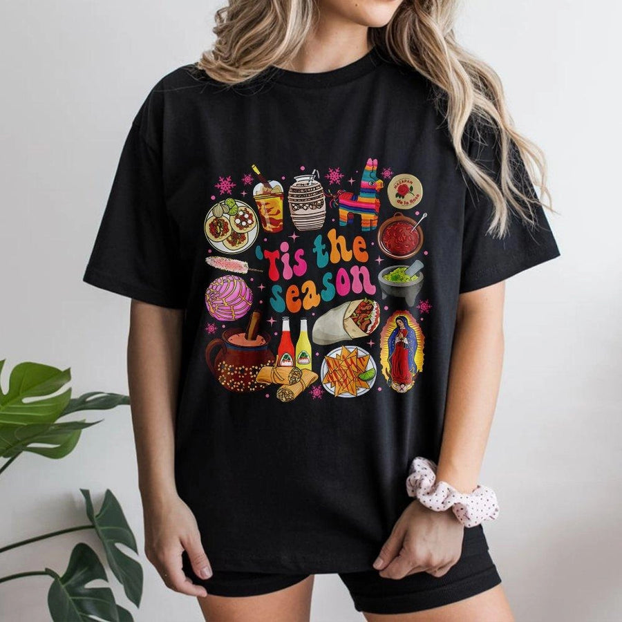 Mexican Christmas T-Shirt | Tis The Season Food Graphic | 100% Cotton Premium Tee | Cultural Holiday Gift For Latinx Heritage Lovers
